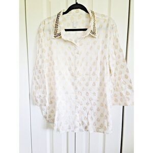 Chico's 3 Cotton Embellished Button Down Blouse Size L White/Gold 3/4 Slv India‎